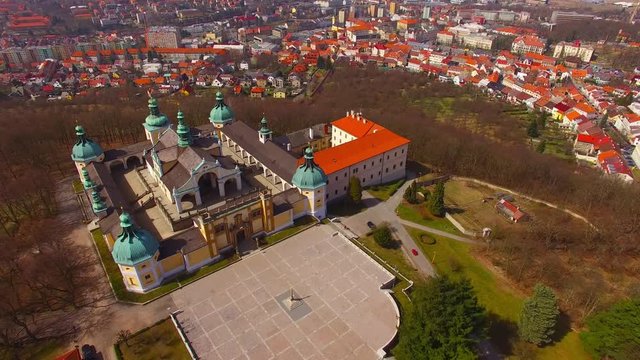 Drone flight over The Chapel on Svata Hora (Holy Mountain). Oldest and most important Marian place of pilgrimage in the Central Europe. Early Renaissance Landmark near Pribram in Czech Republic. 