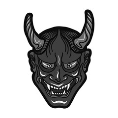 Hand drawn Japanese hannya demon grey theatre betrayed woman mask with eyes and mouth wide open, sharp teeth and dark hair. Vector isolated illustration on a light background.