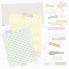 Set of realistic vector paper note sheets and ripped sticky tape pieces on light grey background with vintage stars - 200250594