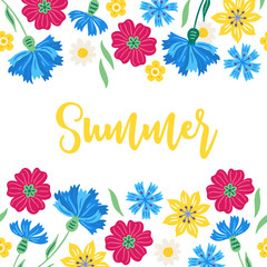 Greeting card with seamless border - cornflower, poppy, chamomile