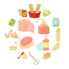 Hygiene cleaning icons set, cartoon style