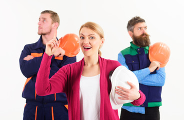 Leadership concept. Team of architects, builders ready to work,
