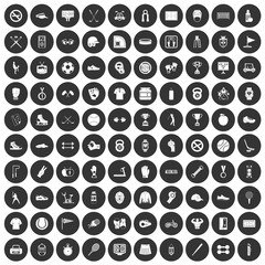 100 sport equipment icons set black circle