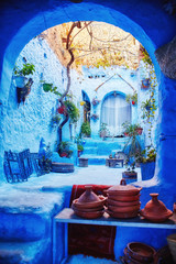 Morocco is the blue city of Chefchaouen, endless streets painted in blue color. Lots of flowers and Souvenirs in the beautiful streets of Chefchaouen. A magical fairy-tale city of heavenly color