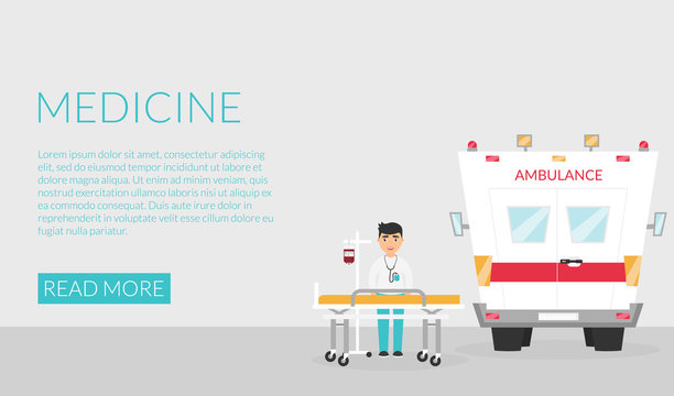 Ambulance. Banner on web site. Medical care. Vector.