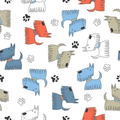 Fototapete Hunde Nahtloses kindisches Muster mit netten Karikaturhunden.