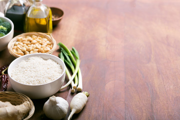 Chinese food raw ingredients, rice, garlic and oil