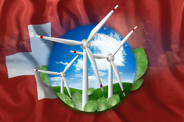 Free energy, windmills against the background of nature and the flag of Switzerland. The concept of clean energy, renewable energy sources, free electricity, Mixed media.
