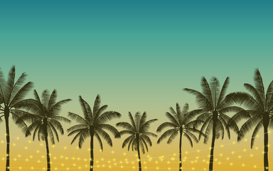Fototapeta na wymiar Silhouette palm tree and Hanging decorative party lights in flat icon design with vintage color background