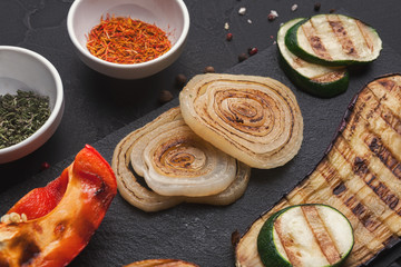 Grilled vegetables with spices top view