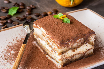 Tiramisu Cake Homemade Dessert with Mascarpone Cheese and Espresso Coffee