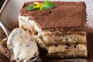 Tiramisu Cake Homemade Dessert with Mascarpone Cheese and Espresso Coffee