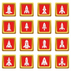 Rocket icons set red square vector