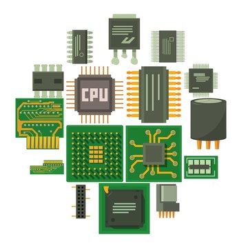 Computer Chips Icons Set, Cartoon Style