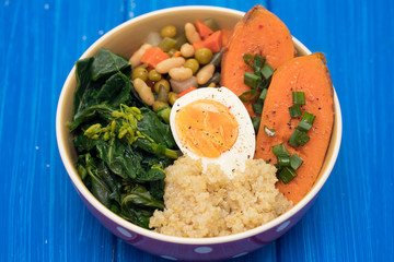 sweet potato with quinoa, boiled egg in dish