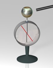 An electrometer and charged object. Electrical instrument for measuring electric charge or electrical potential difference. 3D illustration on a gray background.