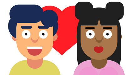 black woman and white male couple faces icons with heart background