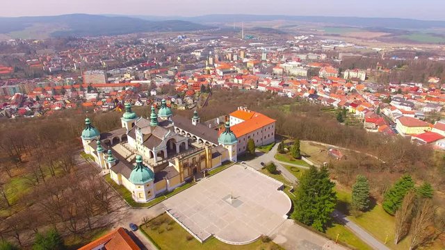 Drone flight over The Chapel on Svata Hora (Holy Mountain). Oldest and most important Marian place of pilgrimage in the Central Europe. Early Renaissance Landmark near Pribram in Czech Republic. 