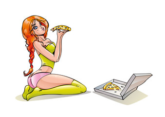 Funny red haired girl chews with appetite, eats pizza holding a piece in her hand, baking with cheese from a package delivered from an Italian restaurant. Female drawn cartoon character. Vector