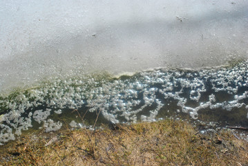 Melting ice along river bank, spring sunny day