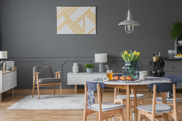 Gray living and dining area