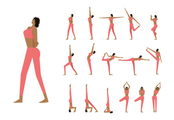 Set with beautiful woman in poses of yoga. flat character design. vector illustration