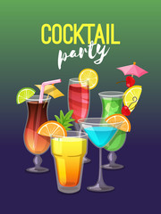 Cocktail party poster with five tropical drinks on green and blue grandient background. Vector illustration.