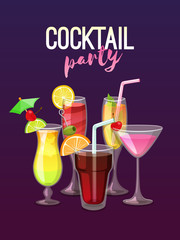 Cocktail party poster with five tropical drinks on blue and purple grandient background. Vector illustration.