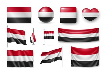 Set Yemen flags, banners, banners, symbols, flat icon. Vector illustration of collection of national symbols on various objects and state signs