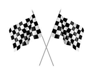 Two racing flags crossed realistic. Pair of standards for marking start and finish. Vector illustration