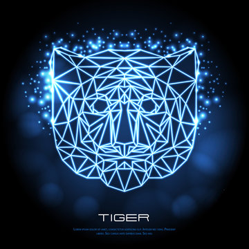 Abstract polygonal tirangle animal tiger neon sign. Hipster animal illustration.