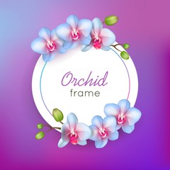 Orchid round frame isolated. Violet card with tropical flowers. Vector illustration