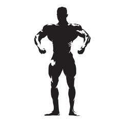 Fototapeta na wymiar Bodybuilder with big muscles posing, isolated vector silhouette. Front view