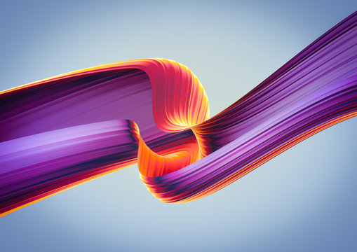 3D render abstract background. Colorful 90s style twisted shapes in motion. Iridescent digital art for poster, banner background, design element. Holographic isolated foil ribbon on dark background.