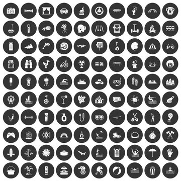 100 summer vacation icons set black circle