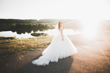 Beautiful bride posing in wedding dress outdoors