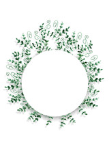 Round frame of watercolor painted green leaves on a white background. Isolated and space for your text.