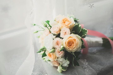 Beautiful wedding bouquet with different flowers, roses
