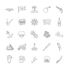 Sea adventure, pirate, weapon, treasure vector line icons set. Black marine adventure elements, illustration of marine pirate isolated on white background