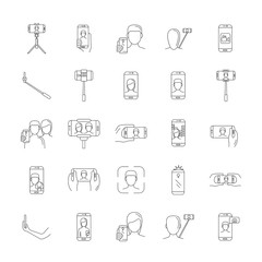Selfie photo, people take photo with smartphone and monopod line vector icons set. Self photo and selfie with smartphone isolated illustration