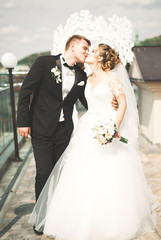 Naklejka premium Lovely happy wedding couple, bride with long white dress posing in beautiful city