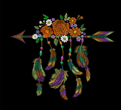 Embroidery boho native american indian arrow feathers flowers. Clothes ethnic tribal fashion design decoration patch. Fashionable template vector illustration