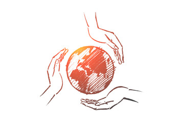 Hand drawn globe between three caring human hands