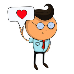 Hand drawn flat design colorful cartoon vector illustration. Art work or sticker with funny character. Young businessman or office manager holds a sign with a painted heart.