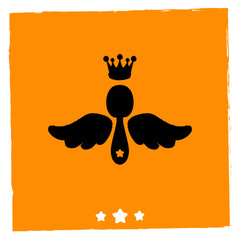Obraz premium Black spoon with wings and crown. Flat design vector illustration. Food theme. Hipster logotype. Grunge style border. Hand drawn menu icon.