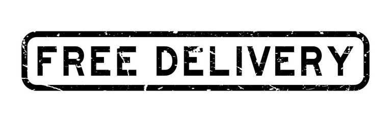 Grunge black free delivery wording square rubber seal stamp on white background