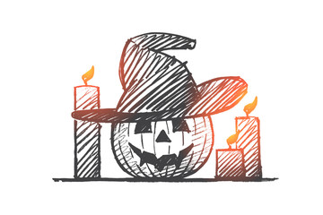 Hand drawn Halloween pumpkin face and candles