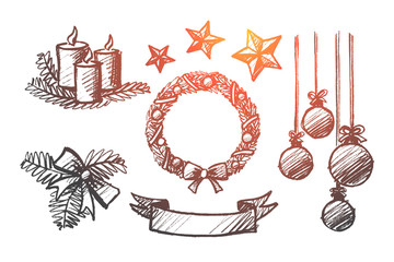 Hand drawn set of Christmas decoration elements