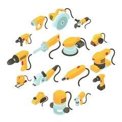 Electric tools icons set, isometric cartoon style