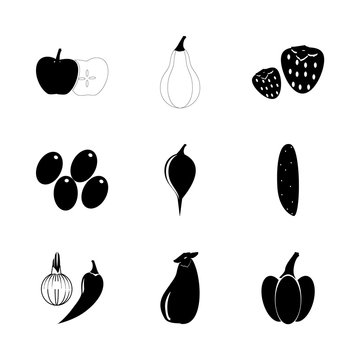 icon Fruits And Vegetables with bulb onion, cuke, edibles, vegetables and olive